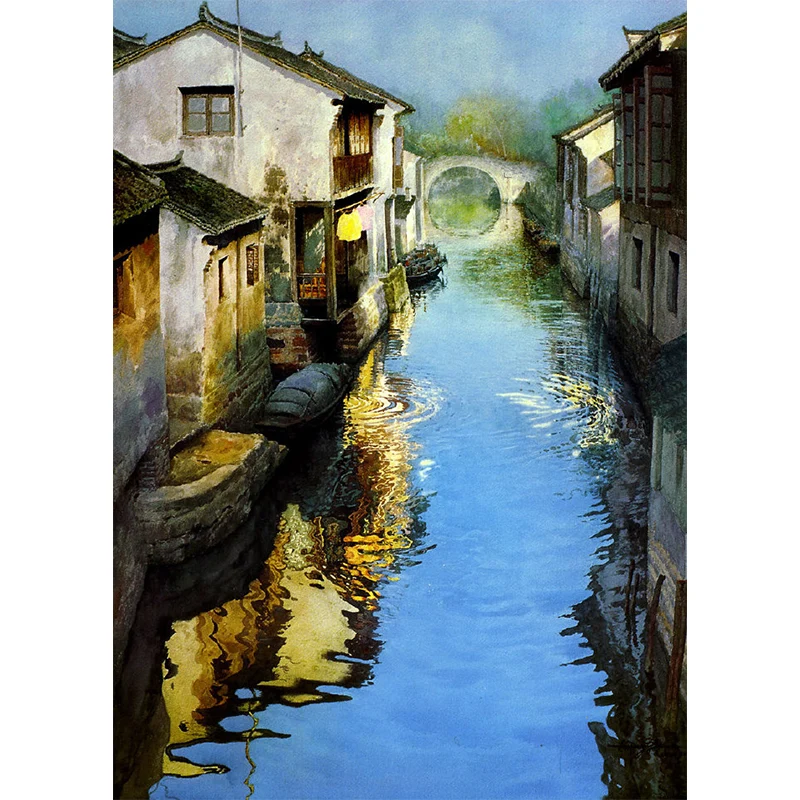 Illustration „Friedliche Stadt“-Wandbild Originalgröße, Wanddekoration für Gästezimmer, personalisierte Größe erhältlich C...