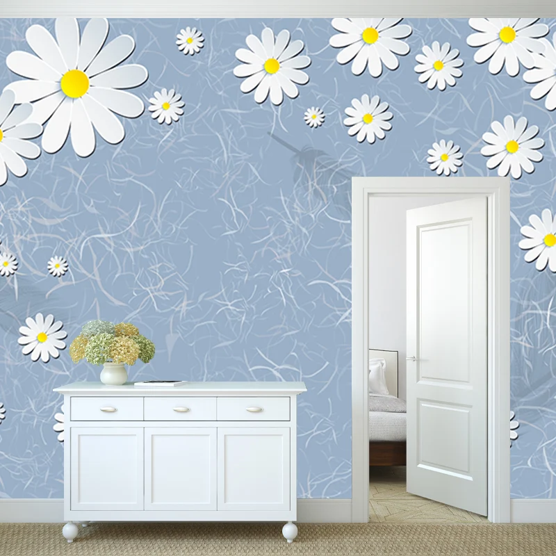 Illustration Gänseblümchen-Blumen-Tapeten-Wandbild für Schlafzimmerdekoration, Blau-Gelb-Weiß, individueller Druck Clearhalo