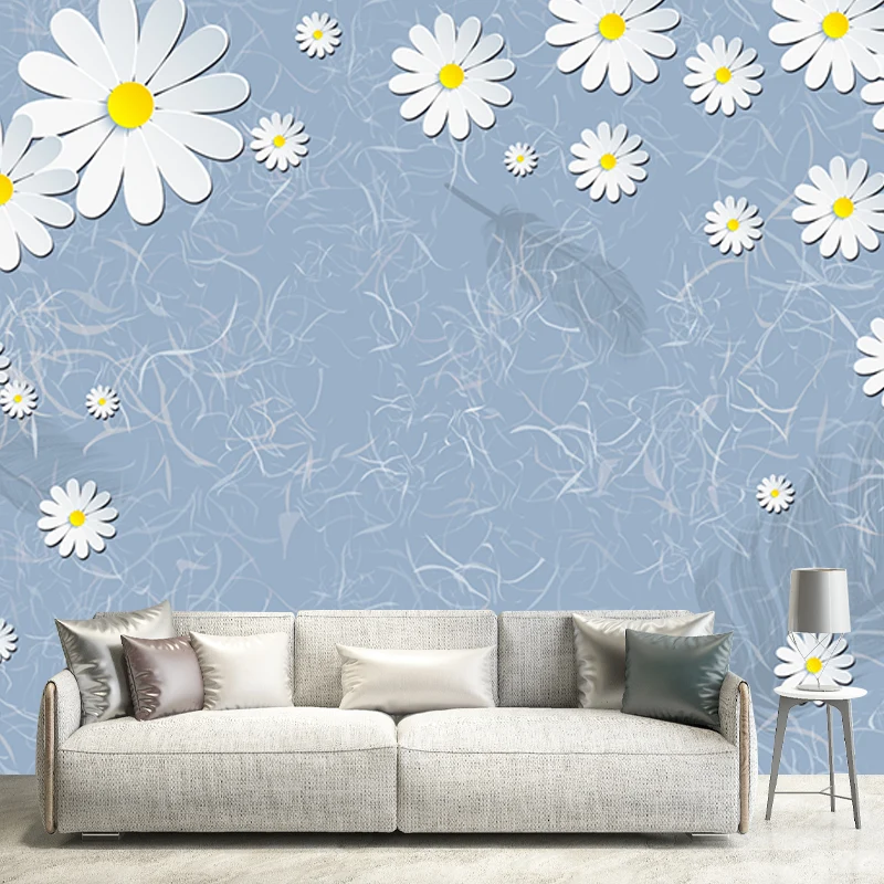 Illustration Gänseblümchen-Blumen-Tapeten-Wandbild für Schlafzimmerdekoration, Blau-Gelb-Weiß, individueller Druck Clearhalo