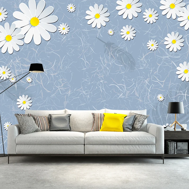 Illustration Gänseblümchen-Blumen-Tapeten-Wandbild für Schlafzimmerdekoration, Blau-Gelb-Weiß, individueller Druck Clearhalo