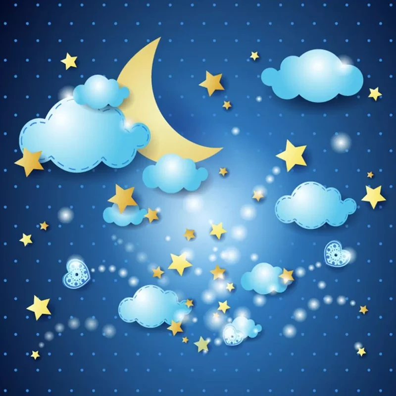Illustrationswandbild „Mond und Sterne“ für das Schlafzimmer eines Jungen oder Mädchens Blau, personalisierte Größe verfüg...