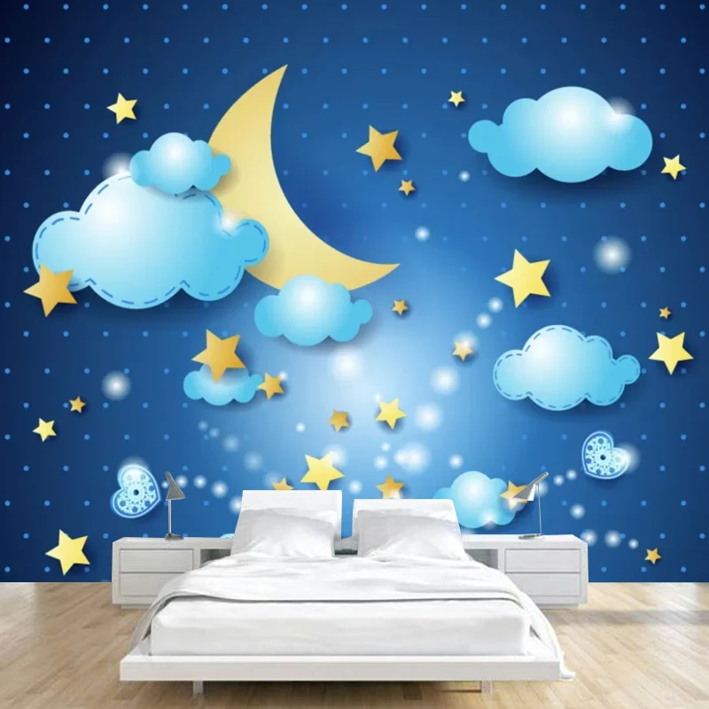 Illustrationswandbild „Mond und Sterne“ für das Schlafzimmer eines Jungen oder Mädchens Blau, personalisierte Größe verfüg...