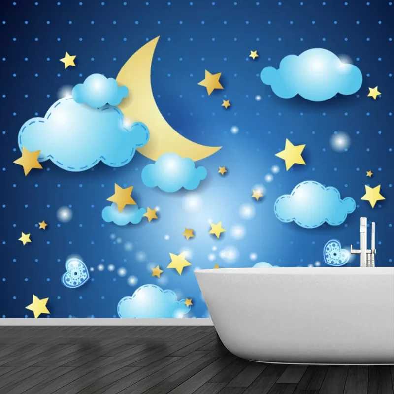Illustrationswandbild „Mond und Sterne“ für das Schlafzimmer eines Jungen oder Mädchens Blau, personalisierte Größe verfüg...