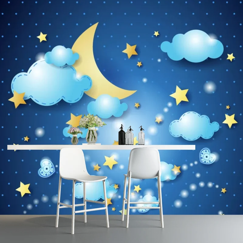 Illustrationswandbild „Mond und Sterne“ für das Schlafzimmer eines Jungen oder Mädchens Blau, personalisierte Größe verfüg...