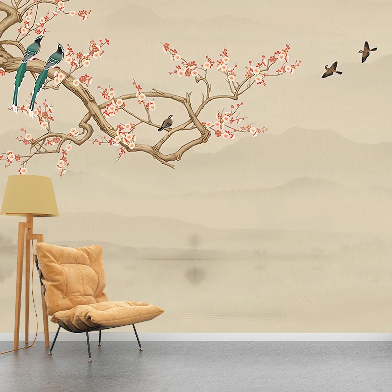 Imprägnierende Tapete mit Vögeln und Blüten, traditionelle Wandverkleidung für das Wohnzimmer Clearhalo