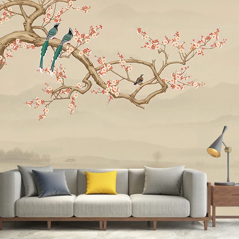 Imprägnierende Tapete mit Vögeln und Blüten, traditionelle Wandverkleidung für das Wohnzimmer Clearhalo