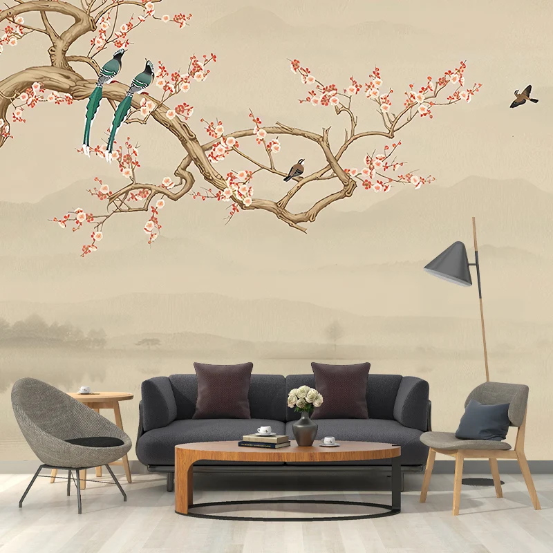 Imprägnierende Tapete mit Vögeln und Blüten, traditionelle Wandverkleidung für das Wohnzimmer Clearhalo