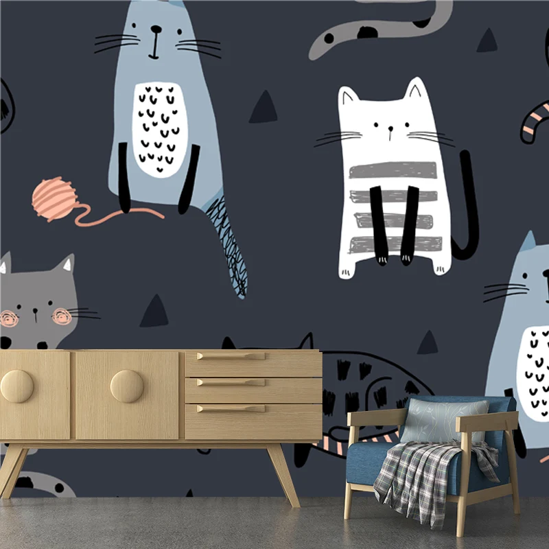 Katzen-Tapeten-Wandbild, dunkelgrau, Kinderkunst-Wandverkleidung für Kinderzimmer, Vliesstoff Clearhalo