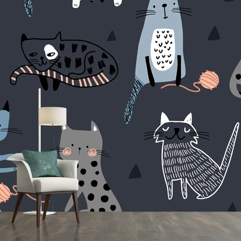 Katzen-Tapeten-Wandbild, dunkelgrau, Kinderkunst-Wandverkleidung für Kinderzimmer, Vliesstoff Clearhalo