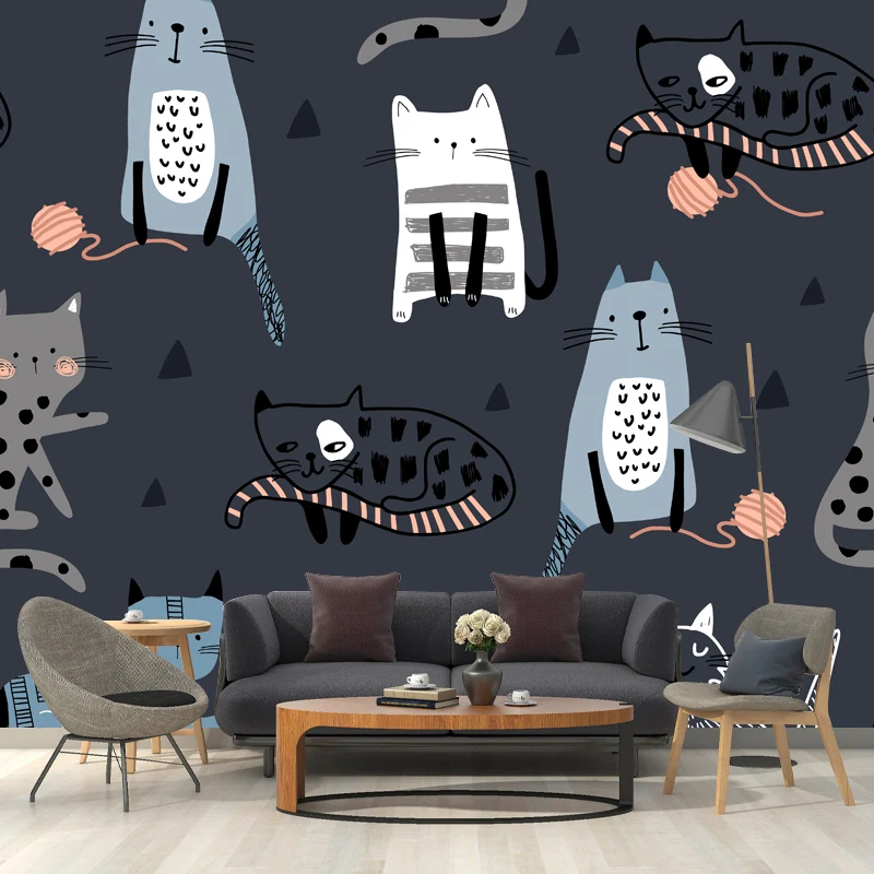 Katzen-Tapeten-Wandbild, dunkelgrau, Kinderkunst-Wandverkleidung für Kinderzimmer, Vliesstoff Clearhalo