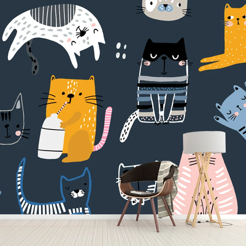 Kawaii-Katzen-Tapeten-Wandbild für Kinderzimmer, Rosa-Gelb-Blau, individuelle Größe erhältlich Clearhalo