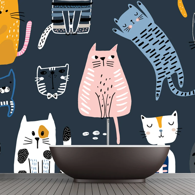 Kawaii-Katzen-Tapeten-Wandbild für Kinderzimmer, Rosa-Gelb-Blau, individuelle Größe erhältlich Clearhalo