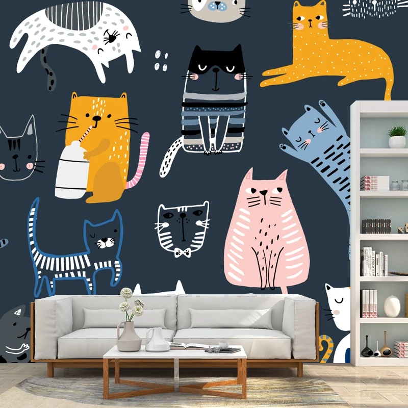 Kawaii-Katzen-Tapeten-Wandbild für Kinderzimmer, Rosa-Gelb-Blau, individuelle Größe erhältlich Clearhalo