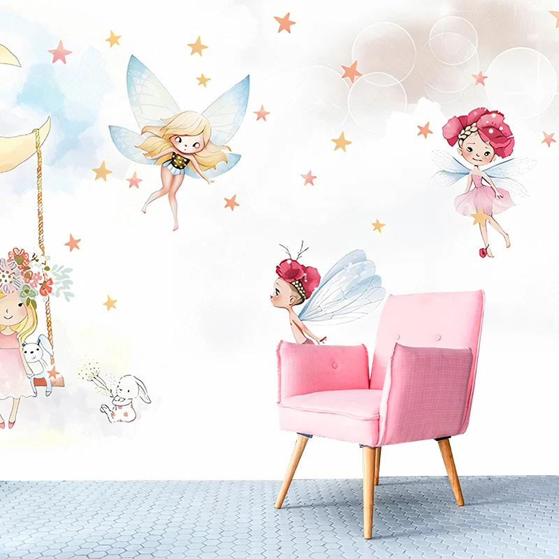 Kinder-Kunst-Mädchen-Tapeten-Wandbild mit Feen-Muster, weiße Wandverkleidung für Schlafzimmer Clearhalo