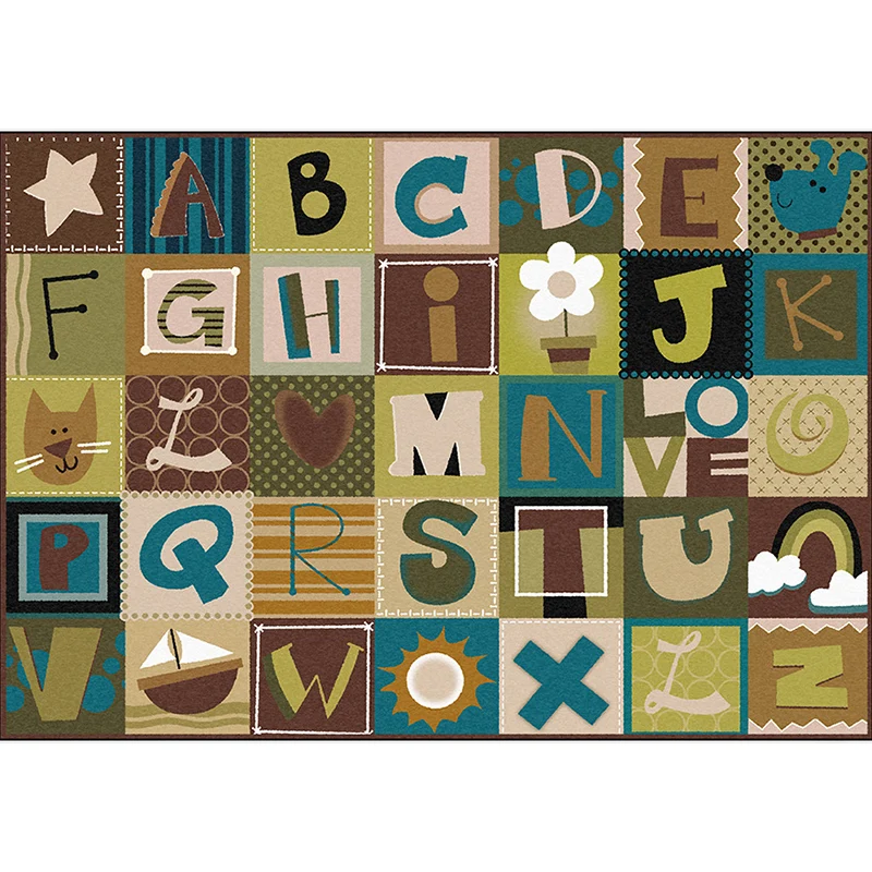 Kinder-Teppich mit Karomuster und Buchstaben, brauner Polyester-Teppich, rutschfest, haustierfreundlich, waschbar, Teppich...