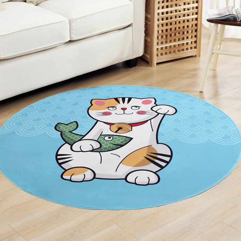 Kinderteppich mit Katzenmuster, blauer und rosafarbener Polyesterteppich, waschbar, haustierfreundlich, rutschfester Teppi...