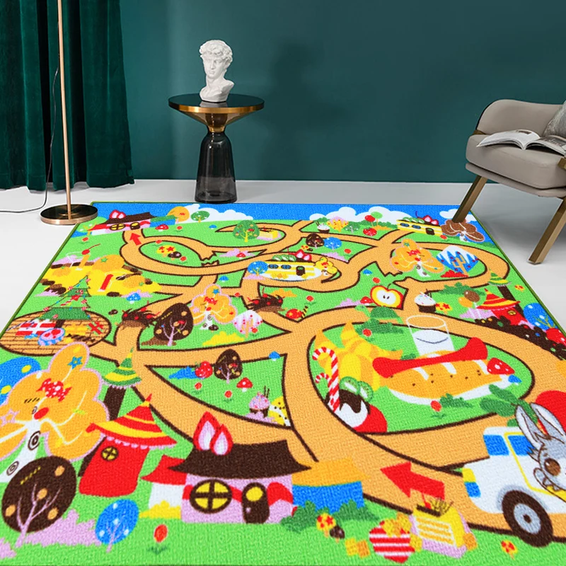 Kinder-Teppich mit Labyrinth-Muster, grüner Polyester-Teppich, rutschfest, haustierfreundlich, waschbar, Teppich für Kinde...