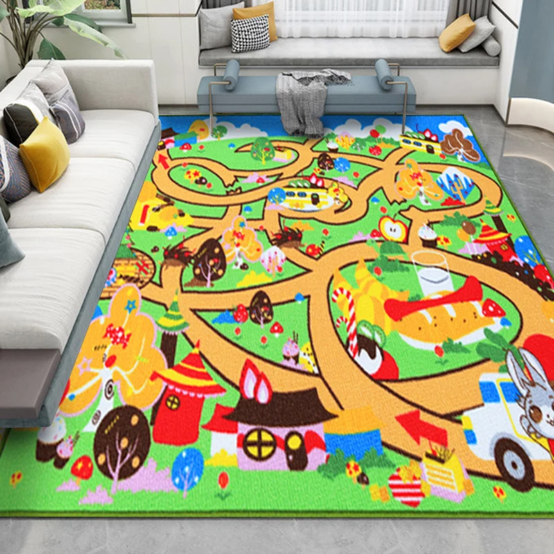 Kinder-Teppich mit Labyrinth-Muster, grüner Polyester-Teppich, rutschfest, haustierfreundlich, waschbar, Teppich für Kinde...