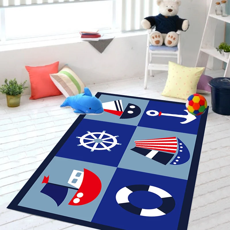 Kinderteppich mit Schiffsmuster und Anker, blauer Polyester-Teppich, waschbarer, haustierfreundlicher, rutschfester Teppic...