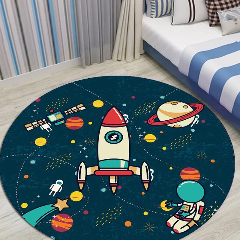 Kinderteppich mit Weltraummuster, schwarzer und blauer Polyesterteppich, waschbar, haustierfreundlich, rutschfester Teppic...