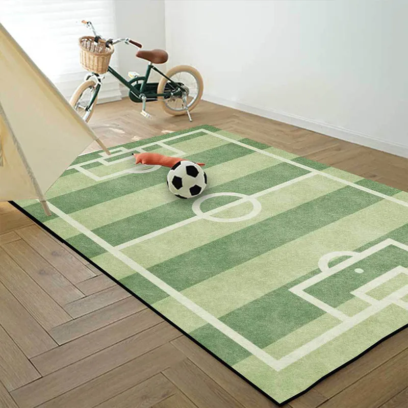 Kinderzimmerteppich Grün mit Sport- und Fußballfeld-Aufdruck, Polyester, rutschfeste Rückseite, waschbarer Teppich Clearhalo