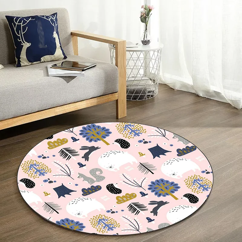Kinderzimmer-Teppich rosa Tier-Kaninchen-Igel-Bär-Aufdruck, rutschfester, waschbarer Polyester-Teppich Clearhalo