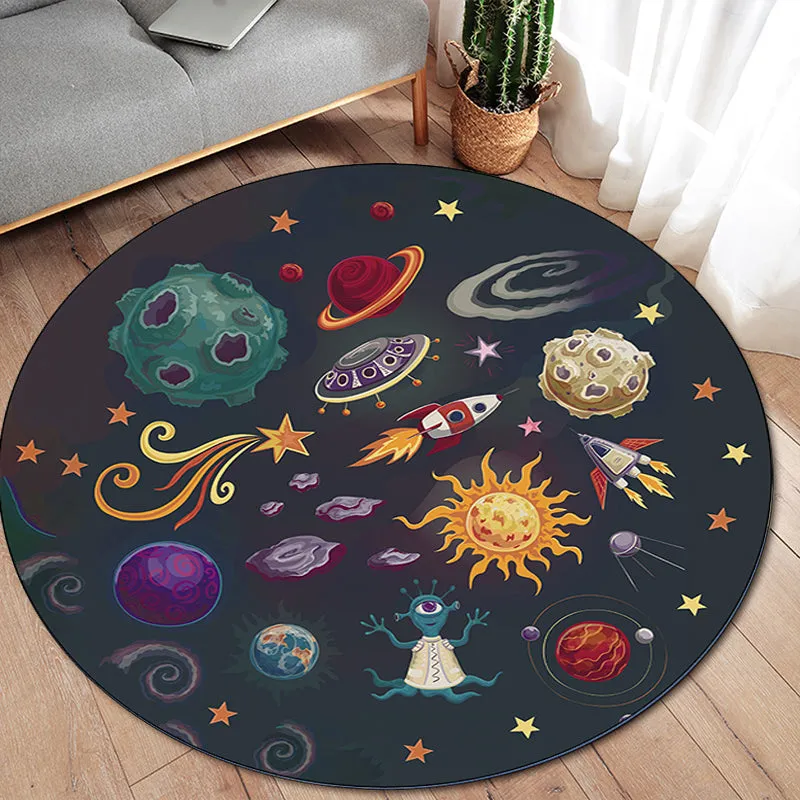 Kinderzimmerteppich Schwarz, Weltraum-Alien-Planet-Raketen-Aufdruck, maschinenwaschbarer Polyester-Teppich Clearhalo