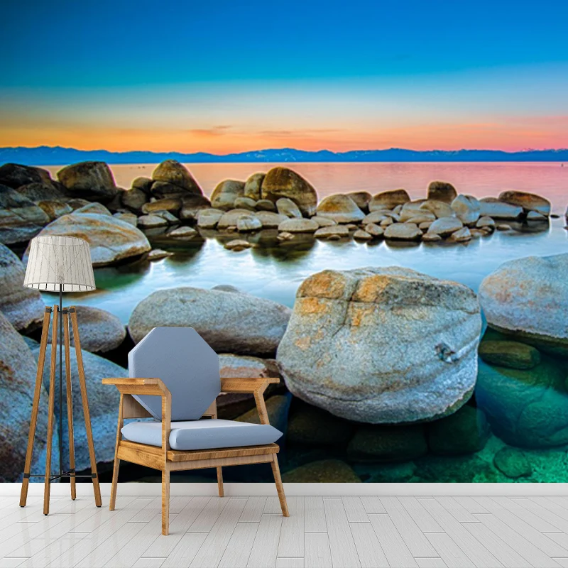 Klares Kieselufer-See-Wandbild für Schlafzimmer, Sonnenuntergangslandschaft, Wandverkleidung, maßgeschneidert Clearhalo