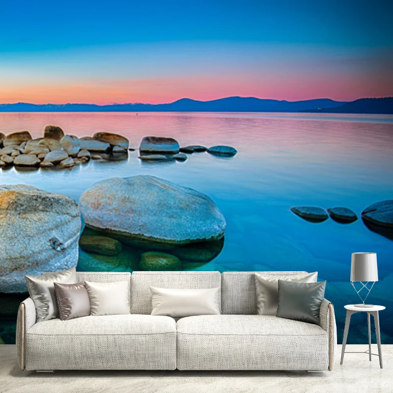 Klares Kieselufer-See-Wandbild für Schlafzimmer, Sonnenuntergangslandschaft, Wandverkleidung, maßgeschneidert Clearhalo
