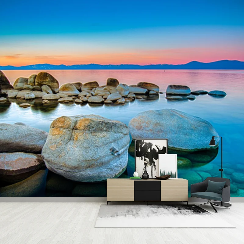 Klares Kieselufer-See-Wandbild für Schlafzimmer, Sonnenuntergangslandschaft, Wandverkleidung, maßgeschneidert Clearhalo