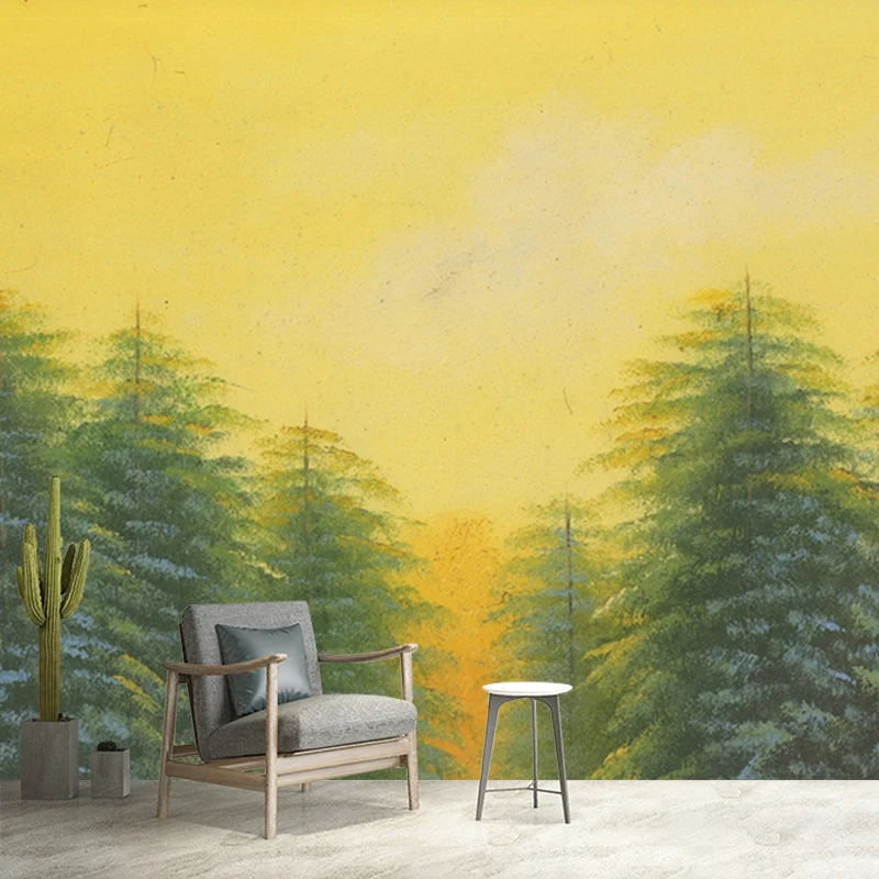 Klassische Landschaftsmalerei aus Kiefernholz, gelb-grüne, schmutzabweisende Wandkunst für das Wohnzimmer Clearhalo