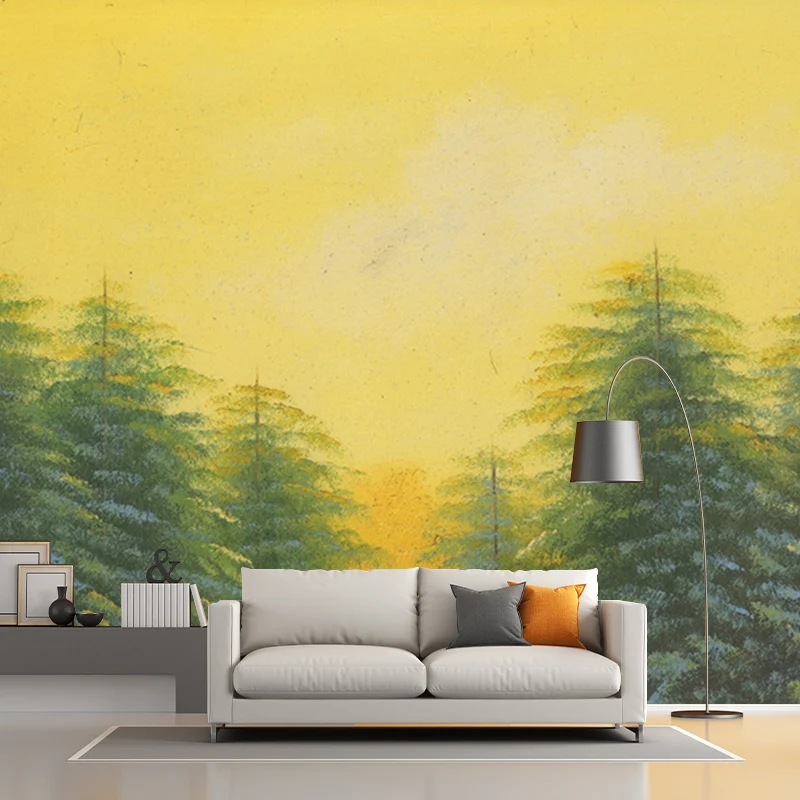 Klassische Landschaftsmalerei aus Kiefernholz, gelb-grüne, schmutzabweisende Wandkunst für das Wohnzimmer Clearhalo