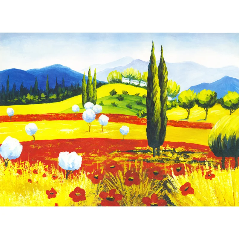 Klassische Wandgemälde mit Baumwollsträuchern, Rot-Gelb-Blau-Grün, Landschaftsmalerei, Wanddekoration Clearhalo