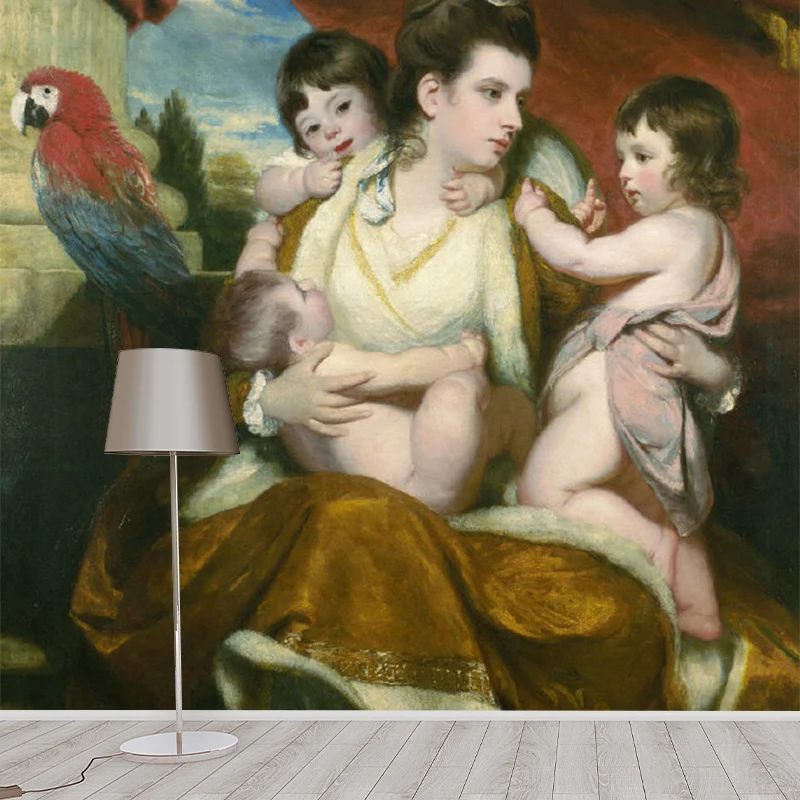 Klassische Wandtapete mit Frau und Baby für die Inneneinrichtung, Orange und Gelb, nach Maß gefertigt Clearhalo