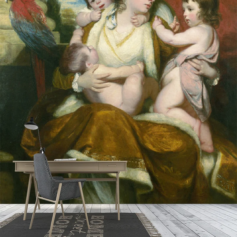 Klassische Wandtapete mit Frau und Baby für die Inneneinrichtung, Orange und Gelb, nach Maß gefertigt Clearhalo