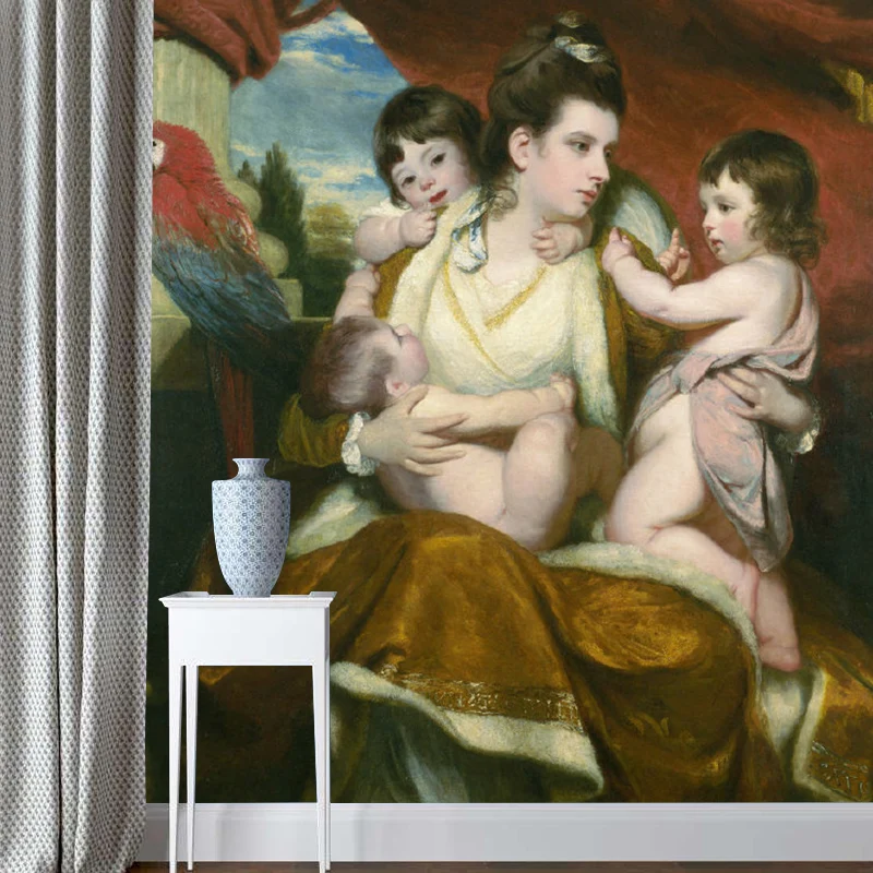 Klassische Wandtapete mit Frau und Baby für die Inneneinrichtung, Orange und Gelb, nach Maß gefertigt Clearhalo