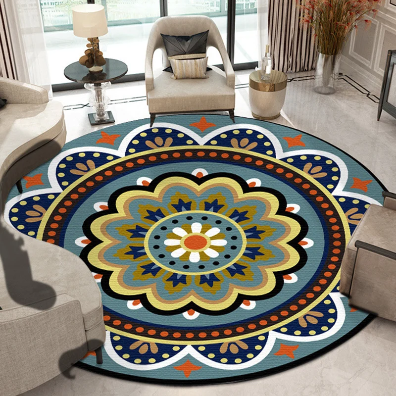 Klassischer Teppich mit Blumenmuster, blauer Tribal-Teppich, waschbarer Polyester-Teppich mit rutschfester Rückseite für d...