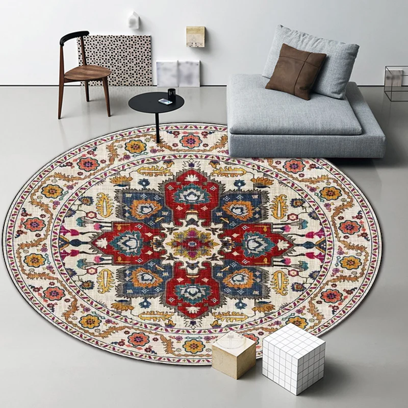 Klassischer Teppich mit Medaillonmuster und floralem, blauem und rotem Stammesteppich aus waschbarem Polyester mit rutschf...