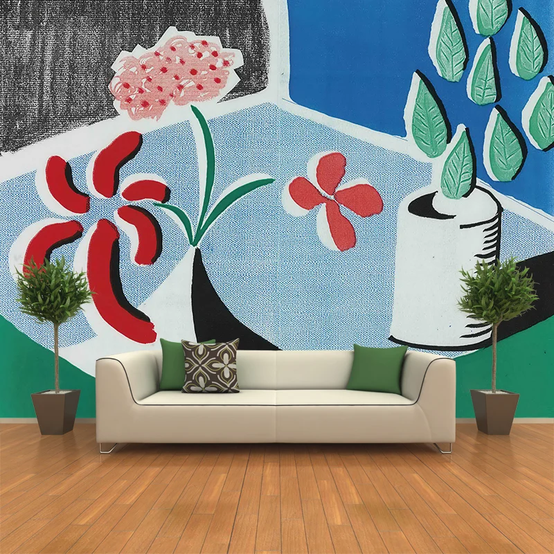Künstlerische Pflanze Topfblumen Wandgemälde rot-blau-grün schmutzabweisende Wandverkleidung für Zuhause Clearhalo