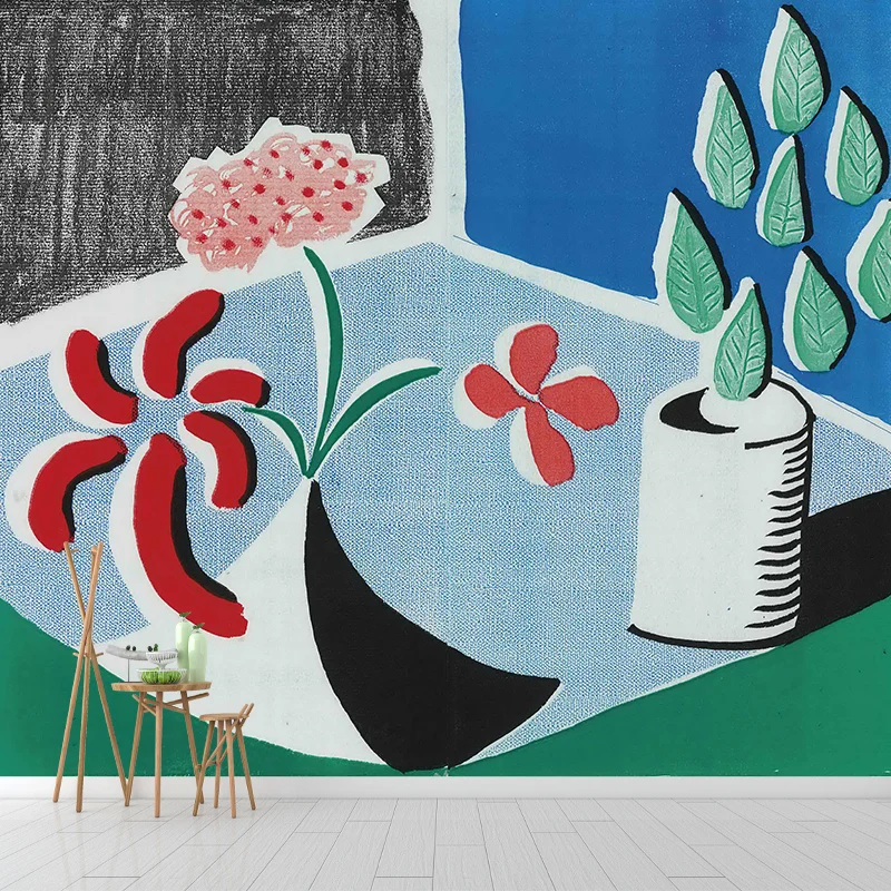 Künstlerische Pflanze Topfblumen Wandgemälde rot-blau-grün schmutzabweisende Wandverkleidung für Zuhause Clearhalo