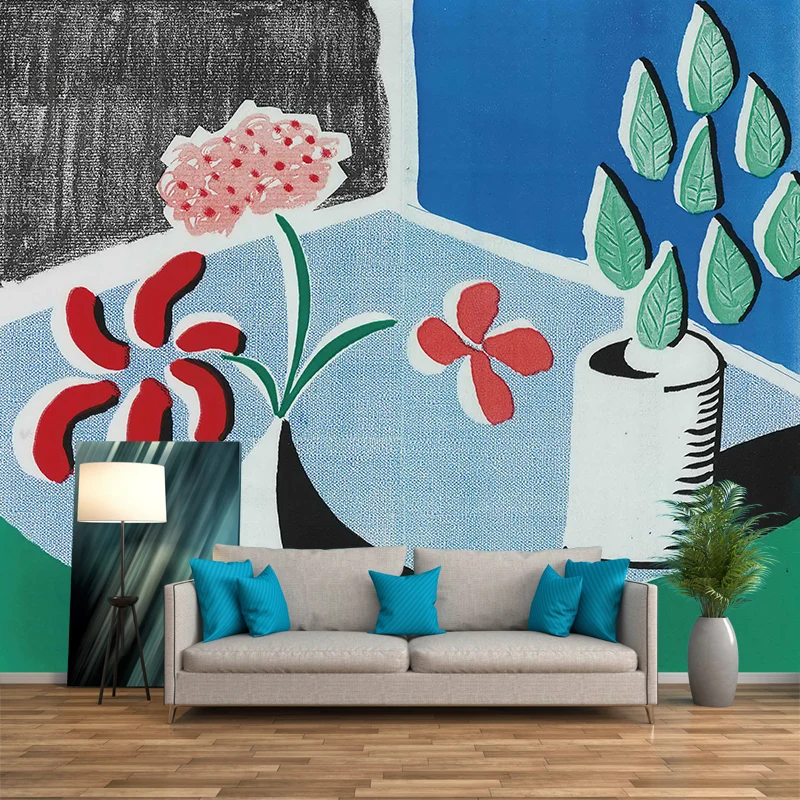 Künstlerische Pflanze Topfblumen Wandgemälde rot-blau-grün schmutzabweisende Wandverkleidung für Zuhause Clearhalo