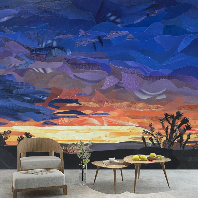 Künstlerische Wildnis-Sonnenuntergang-Kaktus-Wandbilder für das Wohnzimmer, personalisierte Wandverkleidung Orange-Blau Cl...