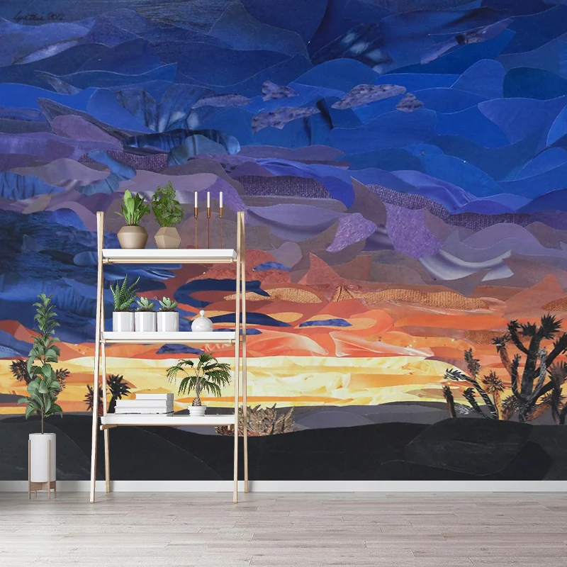 Künstlerische Wildnis-Sonnenuntergang-Kaktus-Wandbilder für das Wohnzimmer, personalisierte Wandverkleidung Orange-Blau Cl...