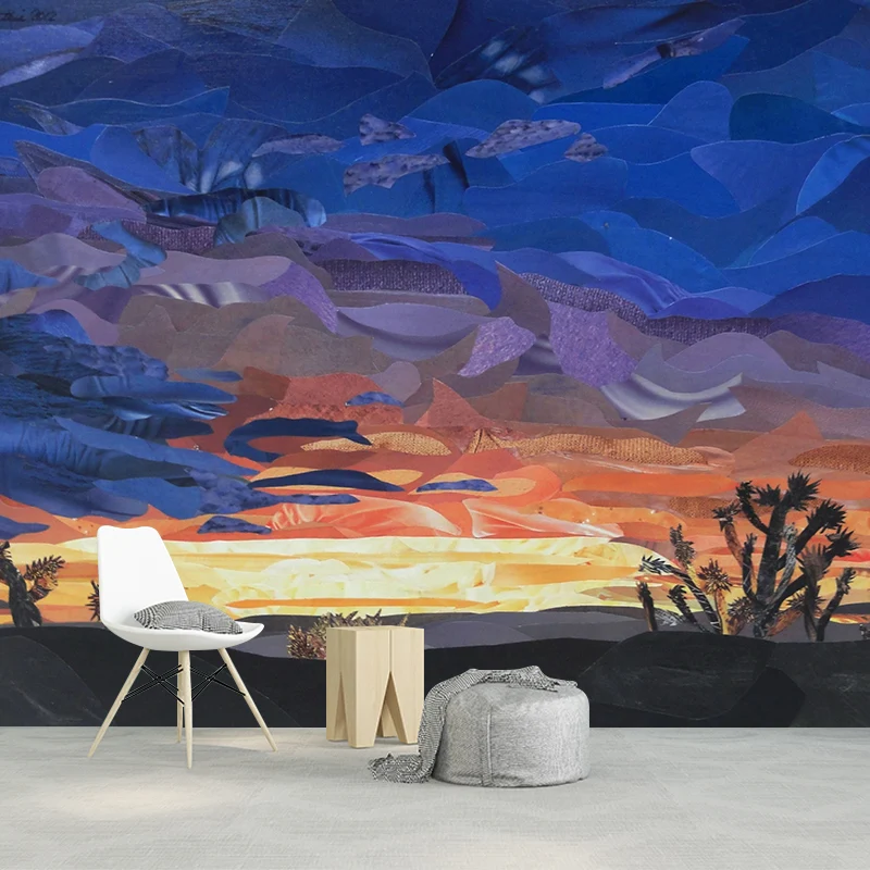 Künstlerische Wildnis-Sonnenuntergang-Kaktus-Wandbilder für das Wohnzimmer, personalisierte Wandverkleidung Orange-Blau Cl...