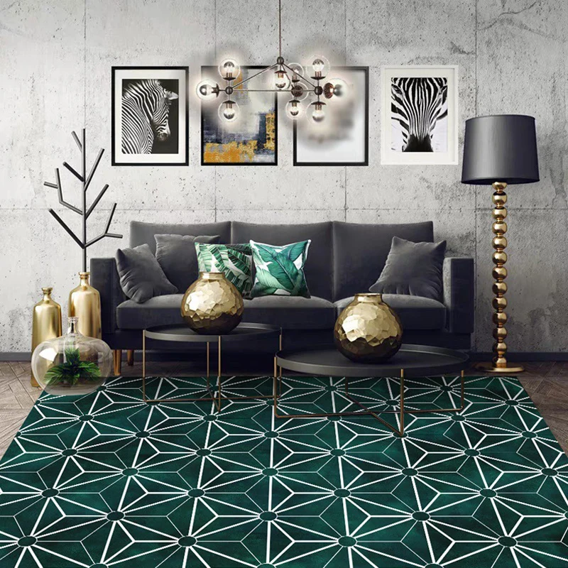 Kreativer Teppich mit geometrischem Muster, grün, moderner Teppich, waschbarer Polyester-Teppich mit rutschfester Rückseit...