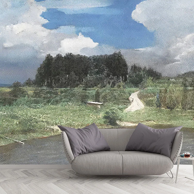 Landschaftsbaum- und See-Wandtapete für Gästezimmer, individuelle Wanddekoration Grün und Weiß Clearhalo