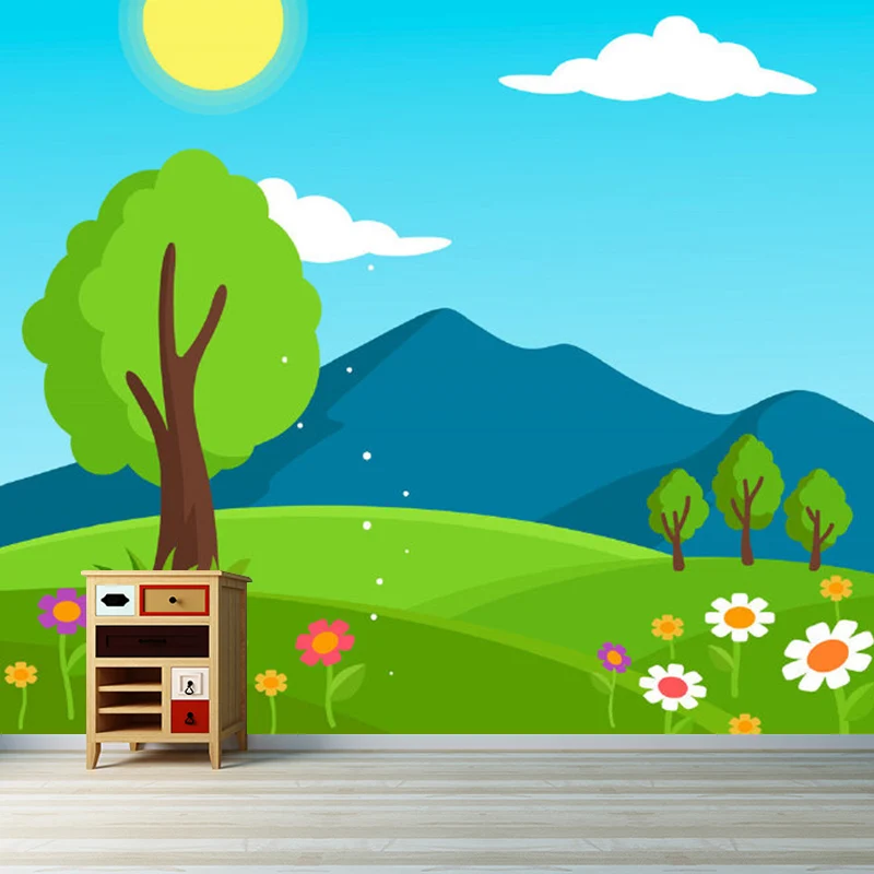 Landschaftswandbilder Originalgröße, Cartoon-Frühlingssonnenblumen-Wandkunst Blau-Gelb-Grün Clearhalo