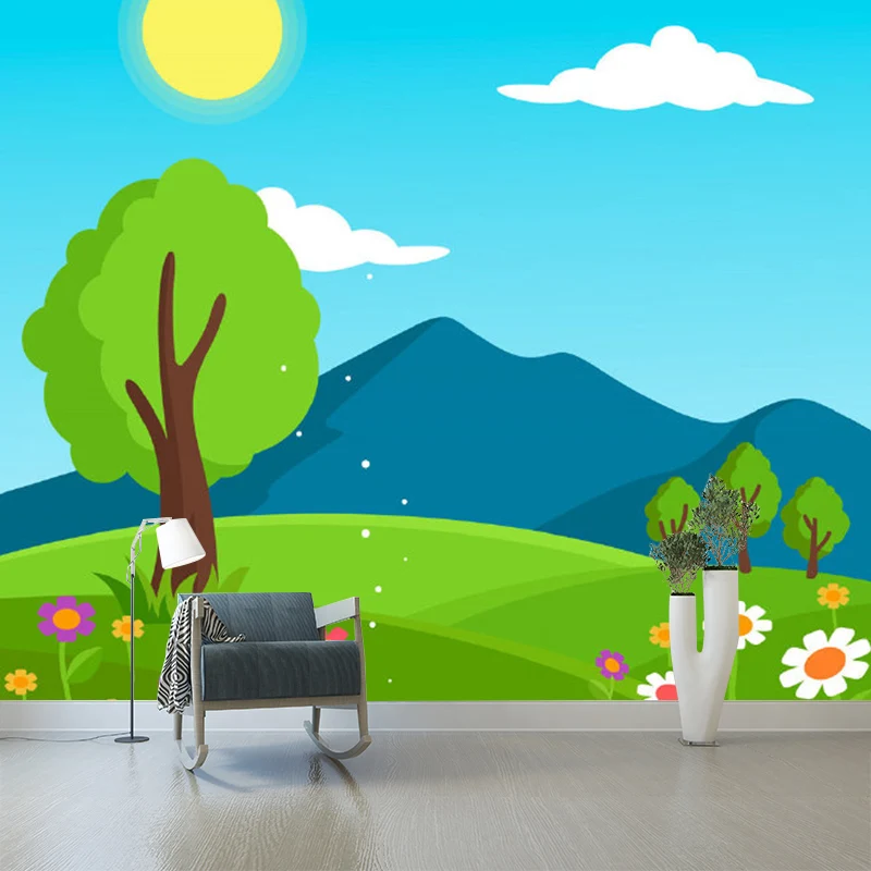 Landschaftswandbilder Originalgröße, Cartoon-Frühlingssonnenblumen-Wandkunst Blau-Gelb-Grün Clearhalo