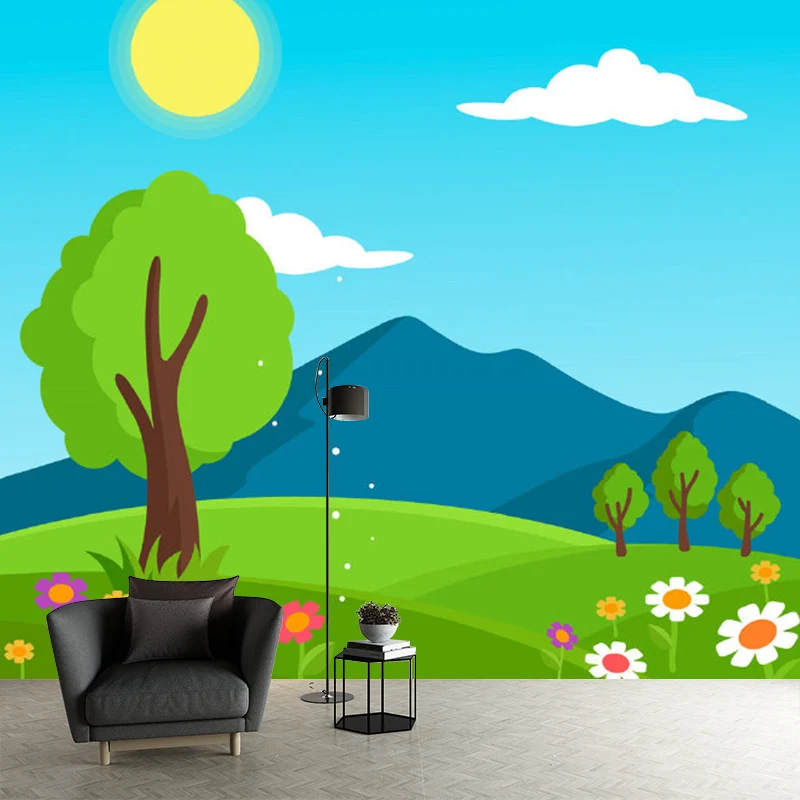 Landschaftswandbilder Originalgröße, Cartoon-Frühlingssonnenblumen-Wandkunst Blau-Gelb-Grün Clearhalo