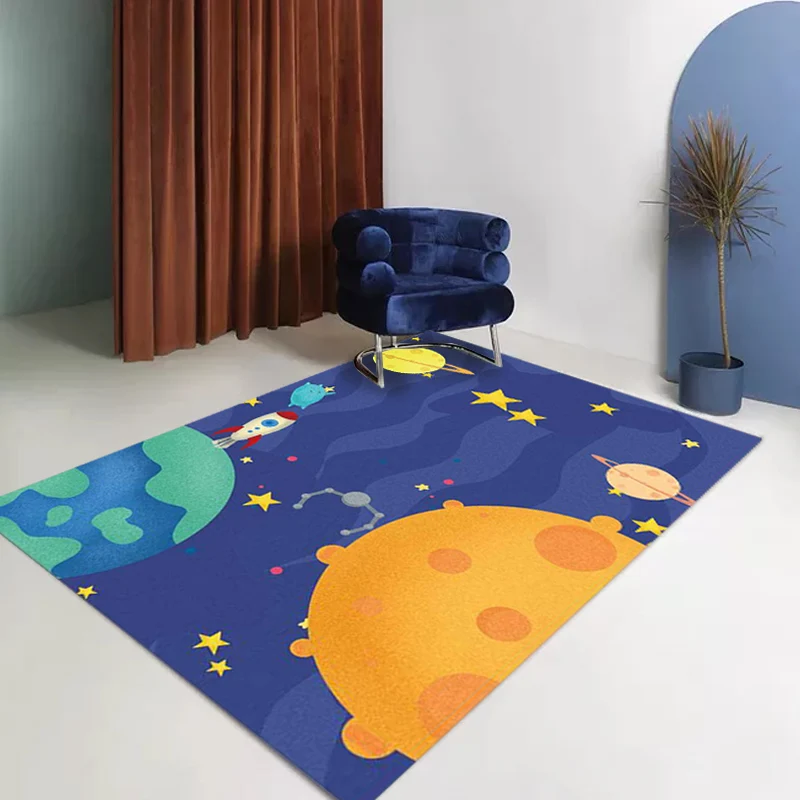 Lila Kinderzimmerteppich für Kinder, Weltraum, Planet, Stern, Flugzeugmuster, Teppich aus Polyester mit rutschfester Rücks...